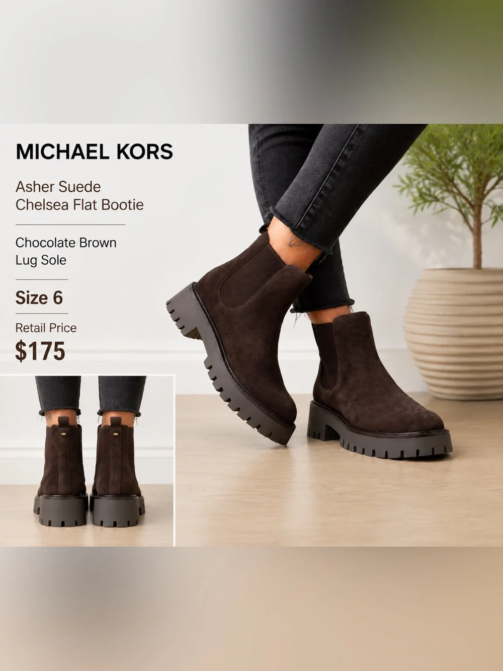MICHAEL KORS Asher Suede Chelsea Flat Bootie Chocolate Brown Lug Sole Size 6 NIB